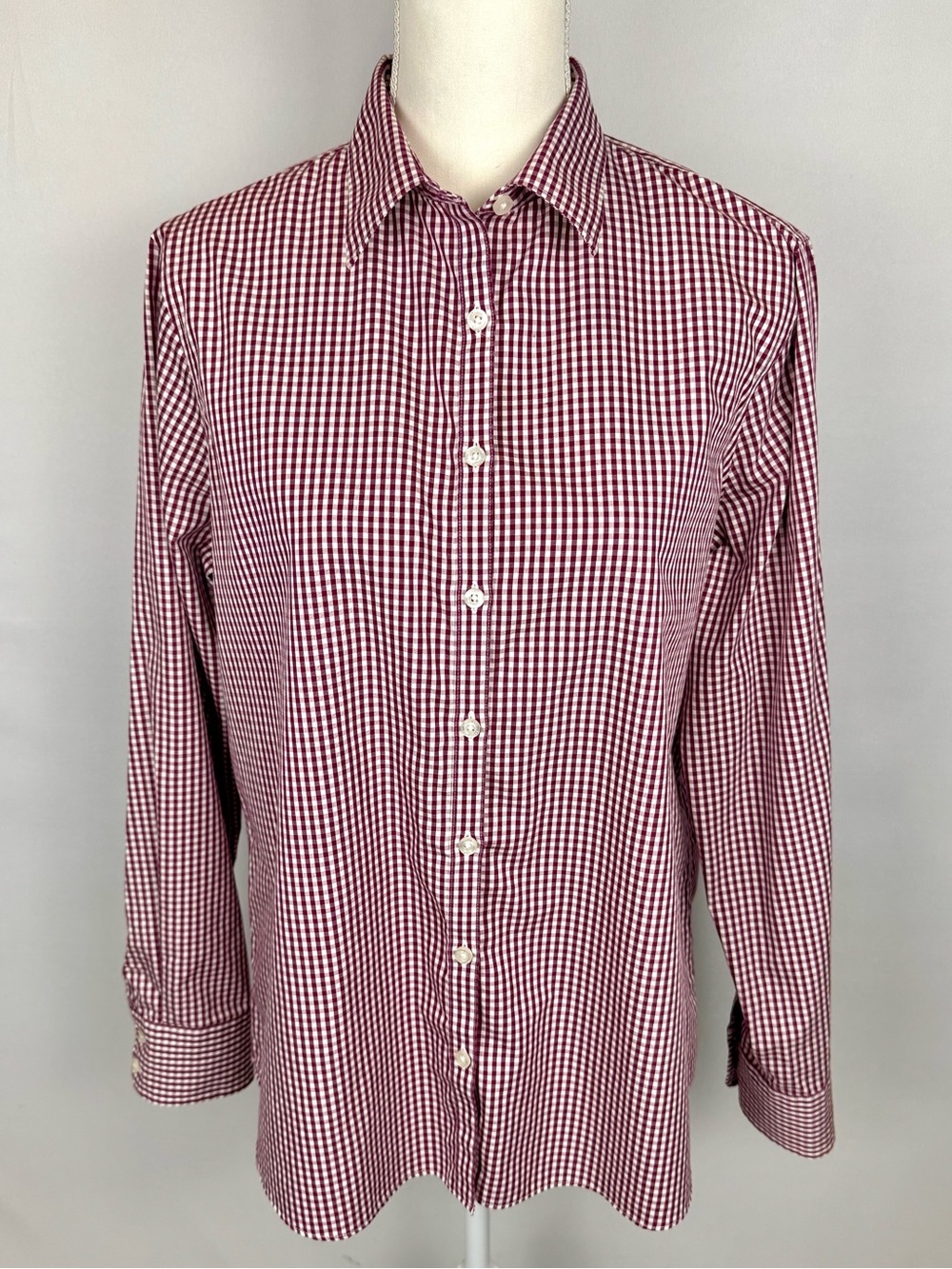 Lands End Women’s No Iron Supima Burgundy White Gingham Long Sleeve Shirt Siz 14